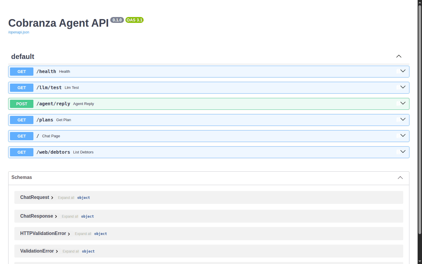 OpenAPI documentation for Cobranza Agent API